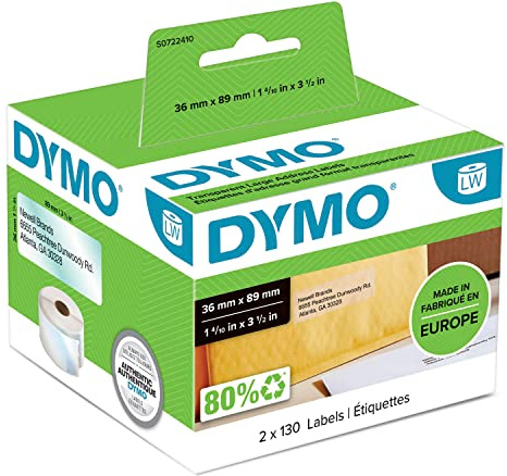 DYMO LW etichette per indirizzi grandi | 36 mm x 89 mm | 2 rotoli da 130 etichette facili da staccare (260 pezzi) | autoadesive | per etichettatrici LabelWriter | originali