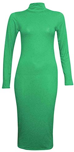 R&N FASHIONS Womens Polo Turtle Neck Long Sleeve Plain Stretch Bodycon Ladies Midi Dress (Jet Green, 8-10)