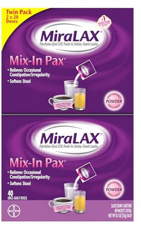 MiraLAX Laxative Powder for Gentle Constipation Relief for Adults, Stool Softener with PEG 3350, Nonstimulant Laxative, No Harsh Side Effects, Single Dose Mix-in Pax, Travel Pack, 40 Doses