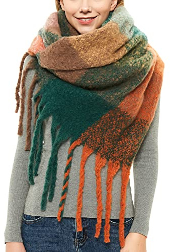 Aodafei Sciarpa Grande Colorata Invernale Primavera, Scaldacollo Poncho Mantella Caldo Scialle, Sciarpa a Quadri Arancione Verde XXL per Donna