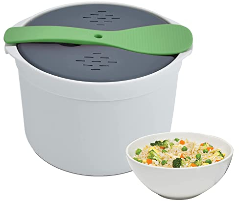 Cuiseur À Riz À Micro Ondes, 2L Microwave Rice Cooker, Céréales, Légumineuses, Couscous, Sans BPA, Ensemble de Cuiseur À Riz À Vapeur Alimentaire Cuillère Couvercle Passoire (Vert)