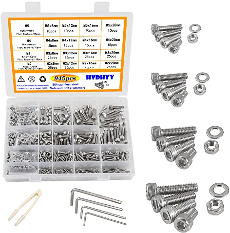 HVDHYY 945pcs M2 M3 M4 M5 Zylinderschrauben mit Innensechskant Schrauben set A2-70 Edelstahl-Sechskopf Maschinenschrauben,Muttern,Unterlegscheiben Sortiment Kit Hex Socket Button mit Aufbewahrungsbox.