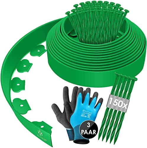 KESSER® Flexible Rasenkante aus Kunststoff Länge 30m Höhe 5cm, mit 195 Erdanker + 3 Paar Handschuhe Beeteinfassung Beetumrandung Beetbegrenzung Mähkante Pflastersteine Palisade - Grün