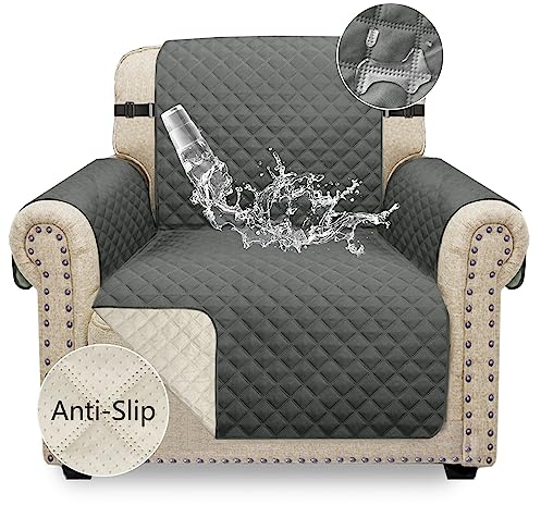 Granbest Waterproof Sofa Cover 1 Seater Non-Slip Armchair Cover with Elastic Straps, Washable Sofa Protector for Kids, Pets, Dogs, Cats Four Seasons Universal (1 Seater, Grey)