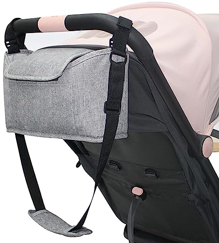 Kinderwagen Organizer Universal, Baby Stroller Bag mit Schultergurten, Kinderwagentasche Buggy Tasche Baby Multifunktionale Aufbewahrungstasche mit 2 Getränkehalter (Grau)