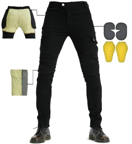 CBBI-WCCB Herren Moto Jeans Motorrad Hose mit Protektoren Motorradhose mit Aramid Schutzfutter Oberschenkeltaschen (Schwarz, M = 30W / 31L)