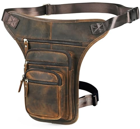 Handadsume Tela Resistente All'acqua + Vera Pelle Moto Equitazione Travel Coscia Borsa per Gambe Marsupio in Vita Per Gli Uomini Donne 913-5 (100% Vera Pelle-X3111 Marrone)