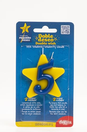 dekora - Vela Cumpleaños Solidaria | Velas Especiales de Estrella - Velas Doble Mecha Fundación Pequeño Deseo - Número 5