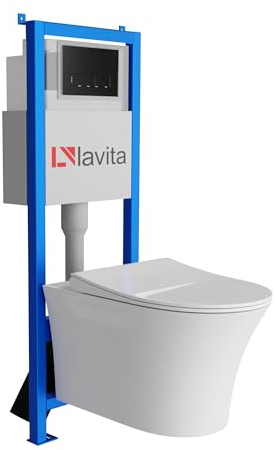 Lavita LAV 101 Vorwandelement für WC 40cm + Wand Hänge Tiefspül WC LIVIA Weiß Spülrandlos + Bedienplatte LAV 200.3.4 Schwarz | Komplettset | Unterputz Spülkasten | Toilette Komplett Sett