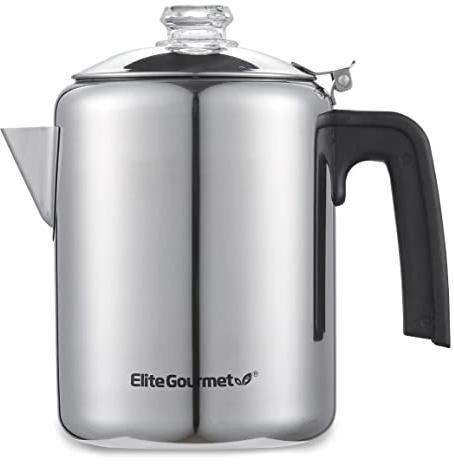 Elite Gourmet EC008X Classic 8-Cup Stovetop Coffee Percolator Glass Clear Brew Progress Knob, Cool-Touch Handle, Stainless Steel