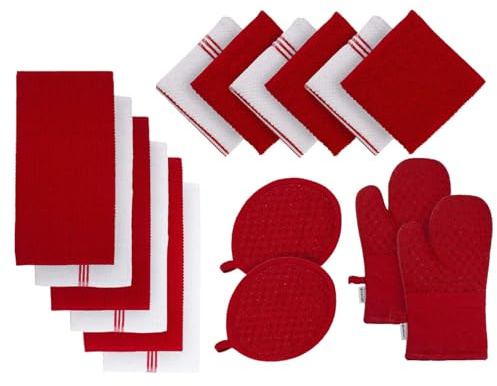 Lane Linen Juego de 16 paños de cocina – 6 toallas de mano de rizo absorbentes, 6 paños de cocina para lavar platos, 2 agarraderas de agarre de silicona y 2 guantes de horno de silicona, color rojo