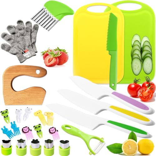 Kids Kitchen Knife Tools Toddlers Wood Safe Knife Kit Kitchen Tools for Real Cooking with Plastic Kids Safe Knives Crinkle Cutter Toddle Cutting Boards