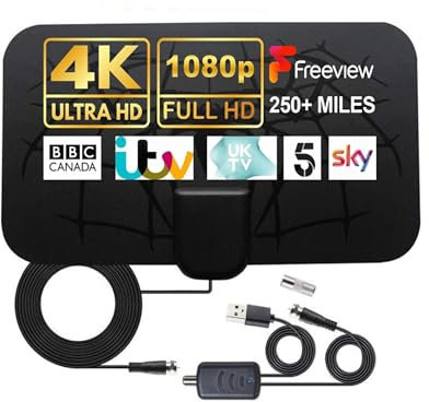 Antenne TV Intérieur Puissante TNT HD – Antenne HDTV avec Amplicateur de Signal Amélioré Jusqu’à 400 km- pour 1080P 4K Chaînes Télévision Gratuites – 3m de Câble Coaxial