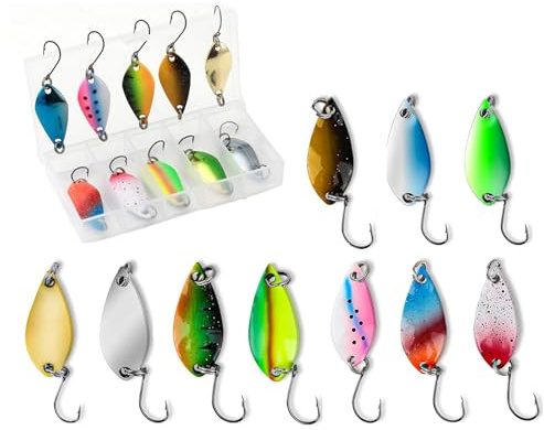 WERIGONI 10 cucharas de pesca giratorias para truchas con caja de aparejos, cebo ondulado para pesca de truchas, cucharas de pesca de 2,5 g/3,5 g/5 g
