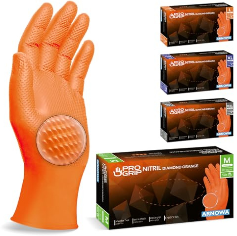 100x PROGRIP Guanti nitrile M Arancione [Extra resistenti], Guanti monouso plastica, 2x più spessi, con finitura diamantata, Guanti in nitrile per industria e montaggio, guanti lavoro