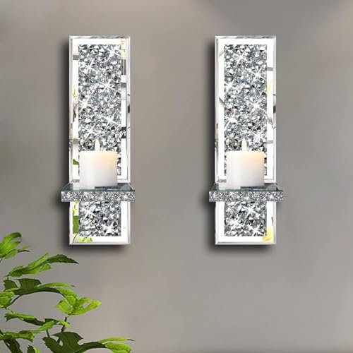 Biznest Set of 2 Silver Crystal Wall Sconce Candle Holders Mirrored with Crushed Diamond Design 38x11x10 cm (Rectangle)