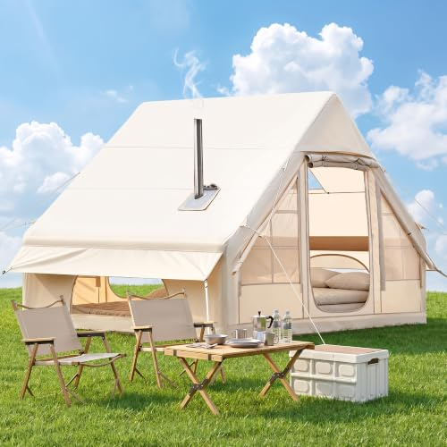 Inflatable Camping Tent with Pump, Glamping Inflatable Sport Tent for Camping, 4 Season Windproof Outdoor Oxford Blow Up Cabin Tent with Mesh Windows & Doors for Camping (2-4 People With Chimney Hood)
