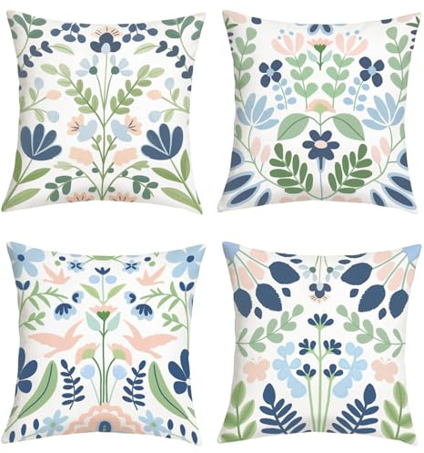 Joymaison Fundas Cojines 45x45 Juego de 4 Funda de Almohada Primavera Verano Flor Cojines Fundas Colores Hojas Flores Jardín Cojine Decorativas para Sofá Salón Silla