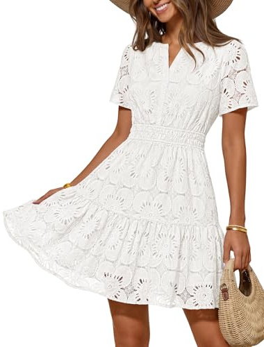 MEROKEETY Women's Spring Summer Lace Boho Dress 2026 Short Sleeve Eyelet Floral Ruffle A Line Vacation Beach Mini Dresses, White, Small