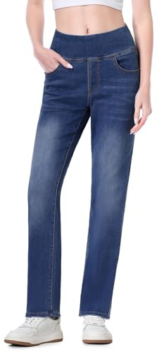 Chasehot Straight Jean Femme, Pull on Jeggings Taille Haute et Jambes Droites avec Poches,Mode Slim Fit Pantalon Denim Leggings Large Stretch,Bleu foncé-31-XL
