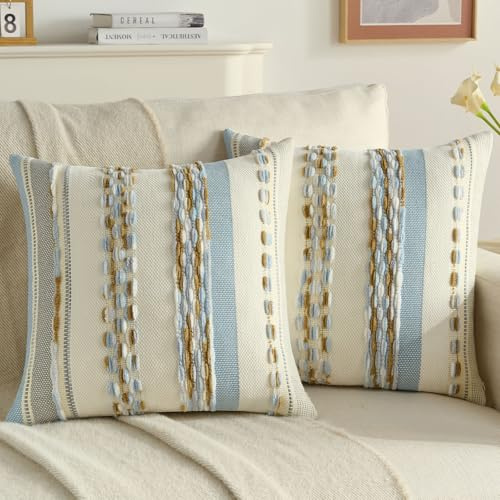 Ystyle Chenille Federe Cuscini Divano 45x45 2 Pezzi, Federa Cuscino Decorativa a Strisce con Texture Trapuntata Soffice, Boho Copricuscino Divano per Divano Soggiorno Camera, Azzurro