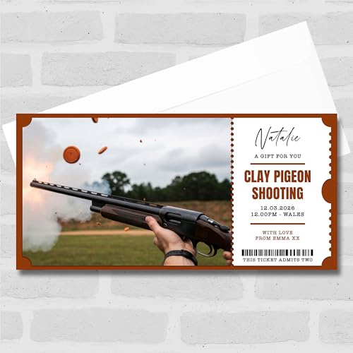 Greetings Card - Clay Pigeon Shooting Personalised Surprise Ticket Gift Voucher | Custom Greetings Card | Surprise Reveal Voucher Spoof Ticket