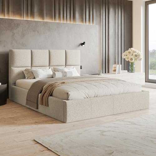 MOTIVENA Star Bett 180x200 Beige Strukturstoff, mit Stauraum, mit Kopfteil, mit Lattenrost, ohne Füße, ohne Matratze, Polsterbett 180x200 mit Bettkasten Beige (Creme)