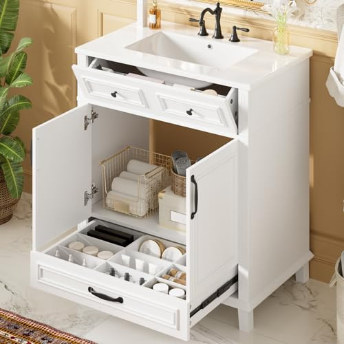 76,7 x 46,3 x 85,5 cm, lavabo da bagno autoportante, vernice ecologica e atossica, lavabo in ceramica integrato, 9 ripiani, armadio a doppia porta, cerniere con funzione soft-close, bianco.