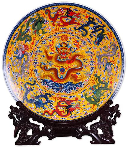 Dekorativ tallrik, Kinesiska dekorativa keramiska tallrikar, keramik hängande, 26 cm Fengshui prydnadsplattor Kina nio drakar mönster dekorationsplatta