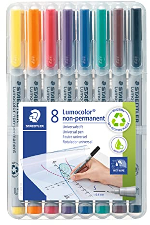 STAEDTLER Universalstift Lumocolor non-permanent, feucht abwischbar, für fast alle Oberflächen, Linienbreite ca. 0,4 mm, 8 Folienstifte in sortierten Farben, 311 WP8