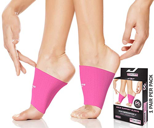 Physix Gear Sport Bågstöd för lindring av plantar fasciit (1 par) – fothylsa bågstöd för platta fötter, plantar fasciitomslag, bågkompression stödärmar, snabb avlastning (rosa, XL)