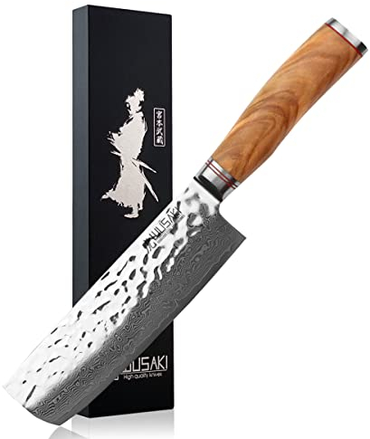 Wusaki Couteau Nakiri 17cm en Damas 10Cr Manche Olivier Design Japonais - Vendu dans un coffret cadeau