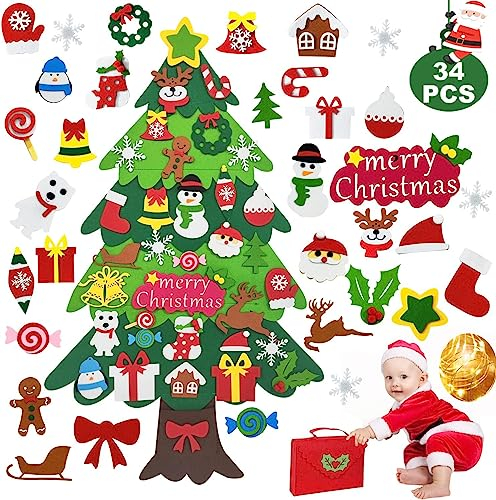 Kit de árbol de Navidad de fieltro para colgar, 3.2 pies, con 32 adornos para niños, perfecto para hogar, puerta y ventana
