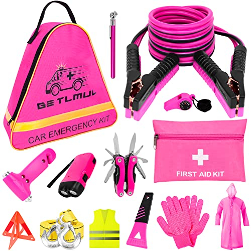 GETLMUL Rosa Auto-Notfall-Set, Premium-Notfall-Auto-Zubehör-Set mit Überbrückungskabeln, Taschenlampe, Schaufel, Schraubendreher-Set usw. Autozubehör für Frauen