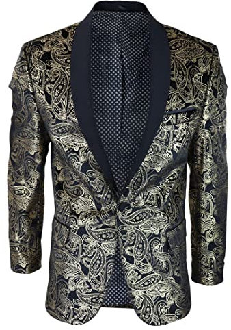 Mens Velvet Paisley Floral Blazer Black Gold Silver Tuxedo Jacket Dinner Suit Tux - Gold Black 42