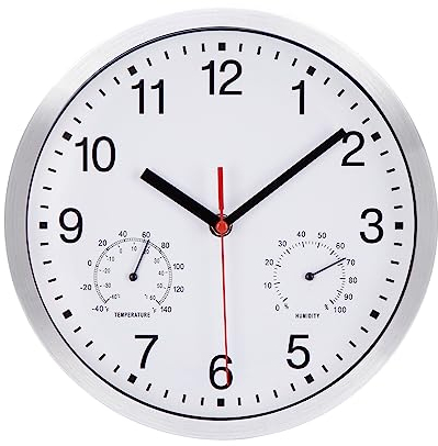 NESIFEE Funkwanduhr Geräuschlos Funkuhr Wand Wanduhr Funk Ohne Tickgeräusche mit temperaturanzeige und Feuchtigkeitsmesser lautlos Leis kein Ticken Weiß gut lesbar für Wohnzimmer Büro Küche Uhr