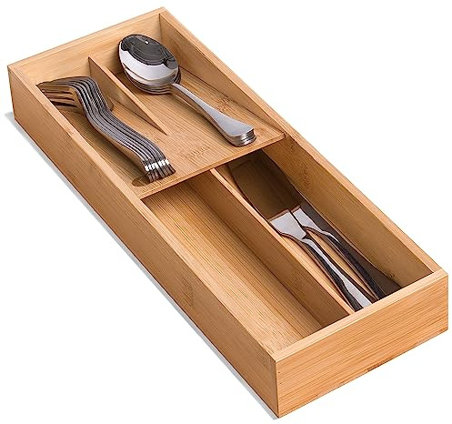 guiogc Bamboo Silverware Drawer Organizer, Kitchen Small Silverware Organizer, Utensil Tray Holder, Cutlery Tray for Spoons, Forks, Knives, Suitable for a family of 2-4
