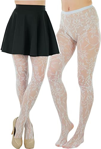 ToBeInStyle Women's Fine Fishnet Seamless Tights - Floral Lace Chantilly - White - One Size
