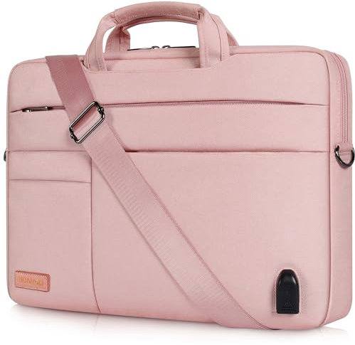 DOMISO 17 Pouces Grande Sacoche pour Ordinateur Portable Housse Sac avec Port de Chargeur USB Externe Sacoche Bandoulière pour 17-17.3 Notebook/Dell/Lenovo/HP/ASUS, Rose 1