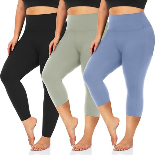we fleece Lot de 3 leggings capri grande taille pour femme – Extensible XL-4X Contrôle du ventre Taille haute Spandex Pantalon d'entraînement de yoga, Lot de 3 noir/gris thé/bleu Morandi, Taille 3XL