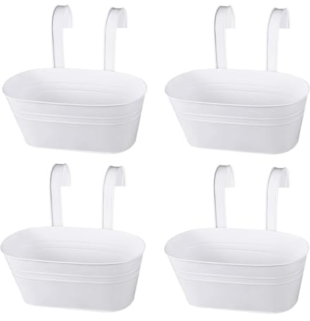 CITÉTOILE 4PCS Vasi da Fiori Sospesi in Metallo, Vasi Sospesi da Balcone con Foro di Drenaggio, Vasi Sospesi Bianchi con Gancio Rimovibile per Balcone, Recinzione, Giardino, Muro