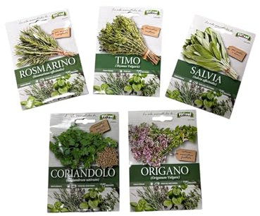 L'ORTOLANO-FIORAL-OFFERTA 5 BUSTE Di Semi Da Piantare-Rosmarino, Timo, Salvia, Coriandolo, Origano. Sementi Selezionate e di Alta Qualità. Buste in carta 11,5 x 16 cm con bustina ermetica interna.