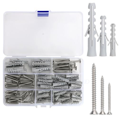 140 Pcs Stainless Steel Screws & Wall Plugs Set, Plaster Board Screws & Raw Plugs, M3/M4/M5/M6/M8