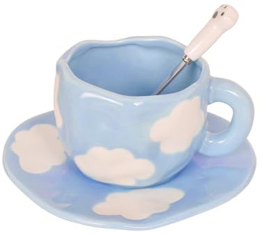 Dokeno Conjunto de Taza y Platillo de Café, Taza de Café de Cerámica, 250 ml Set de Tazas de Café de Cielo Azul y Nubes Blancas con Platillo y Cuchara para Hogar y Oficina, Regalo para Mujeres Niñas