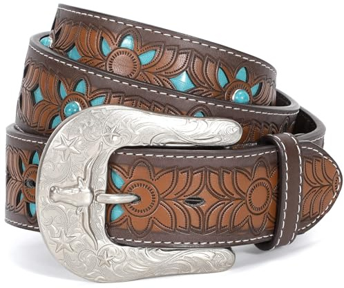 VONMELLI Cintura Uomo in Pelle PU Occidentale Cintura in Pelle Di Mucca Incisa Cinture Occidentale Cowboy Cowgirl Country con Fibbia Retrò per Abiti Di Jeans Vintage Cinture da Uomo Donna Blu M