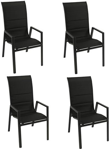 DEGAMO Gartenstuhl Stapelsessel Lagos Hochlehner, Aluminium anthrazit + Kunstgewebe gepolstert schwarz, wetterfest, Outdoor, 4 STÜCK