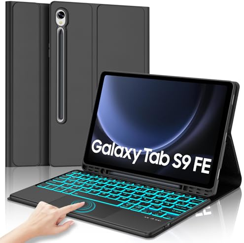 SENGBIRCH Tangentbordsfodral för Samsung Galaxy Tab S10 FE 2025/S9 FE 2023 10,9 tum – QWERTZ tysk pekplatta 7 färger upplyst avtagbart Bluetooth-tangentbord för Galaxy Tab S9 11, svart