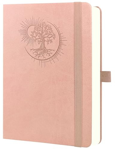 Mlife A4-anteckningsbok med Tree of Life Design – 360 sidor, 100 g papper, PU-omslag, resårband, pennhållare, 3 bokmärken – Perfekt för arbete, studier och present (rosa)
