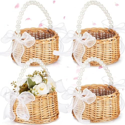 Thyle 4 Pcs Flower Girl Baskets with Handle, 7.87 x 4.33 Inch, Wicker Rattan, Lightweight, Brown(Fishtail Yarn,Pearls)