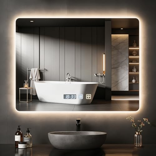 Lightasea Specchio da bagno a LED 80 x 60 cm, 3 colori di illuminazione, regolabile, da parete, antiappannamento, con illuminazione a LED e controllo touch